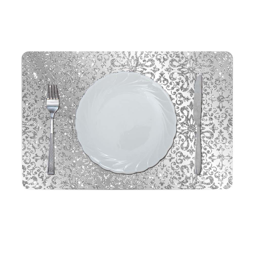 Glamour Glitter Metallic Mirror Look Printed Placemat Silver 43.5 x 28.5Cm Aec_29611A