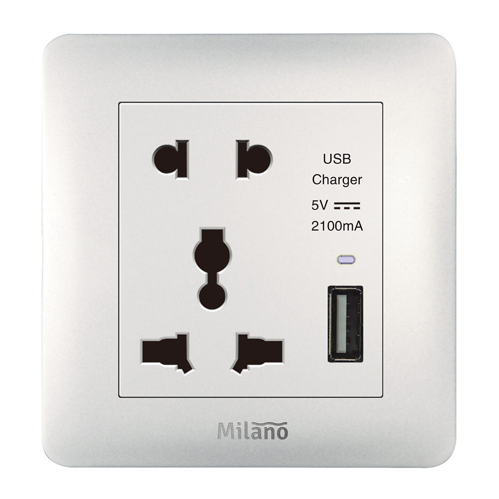 Milano 2 Pin and 3 Pin Universal Socket with 2_1A US