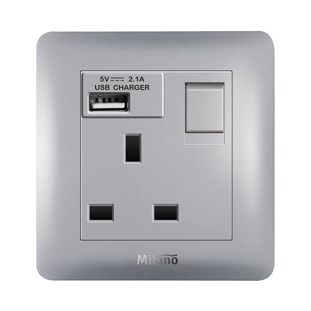 MILANO 13A SINGLE SWITCHED SOCKET  NEON WITH USB