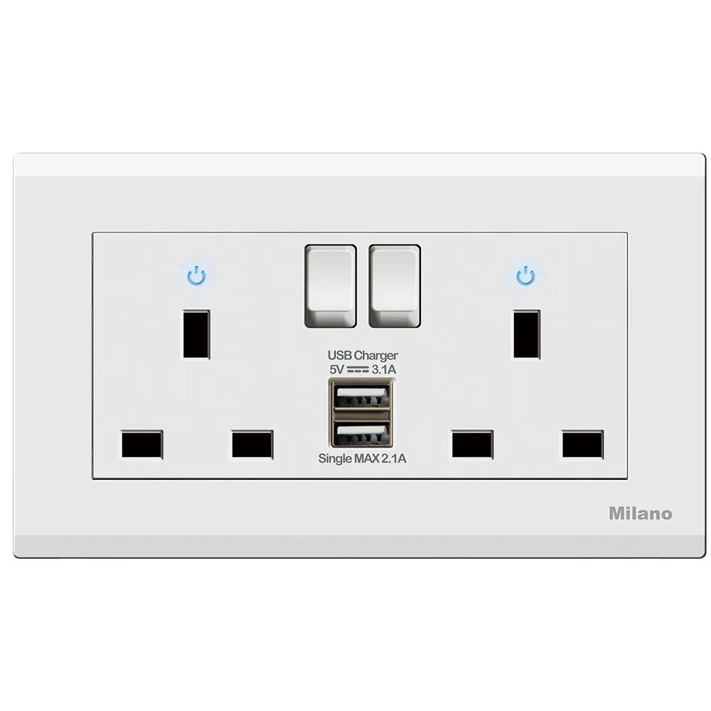 MILANO 13A SOCKET WITH NEON WITH USB MPW