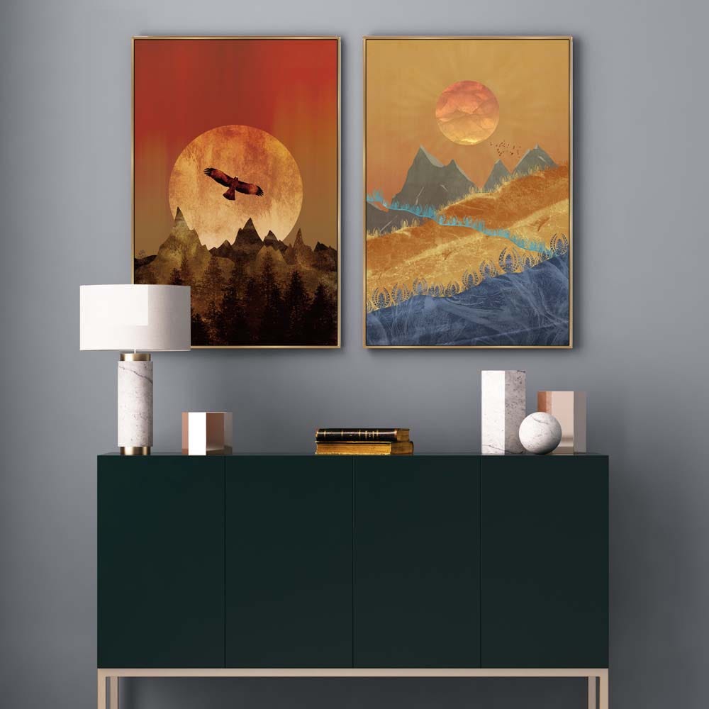 AW21 Gallery Gold Background Sun And Mountain Framed Canvas