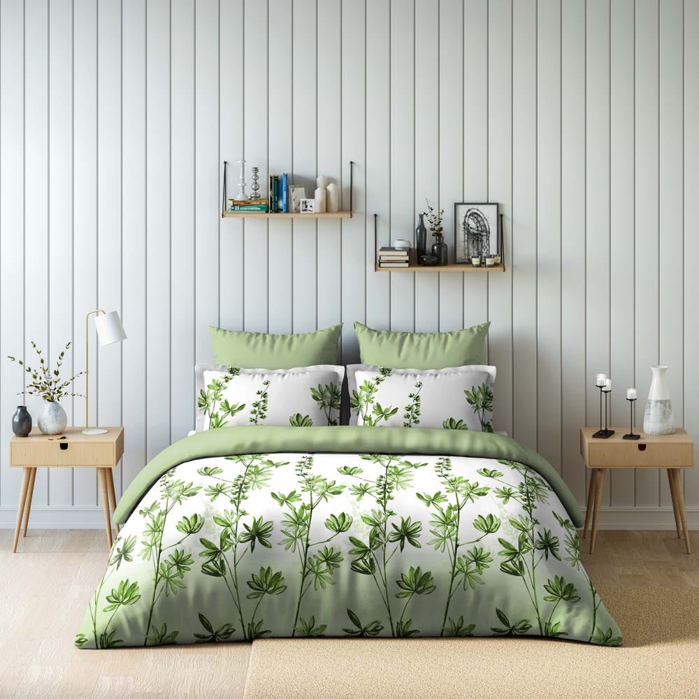 GREEN SERENE Digital Printed 4 Pcs Set(1 Comforter_240x260 CM Plus 1 Fitted_180x200Plus30CMPlus 2 HorW Pillow_50x75CM) GREEN GS009