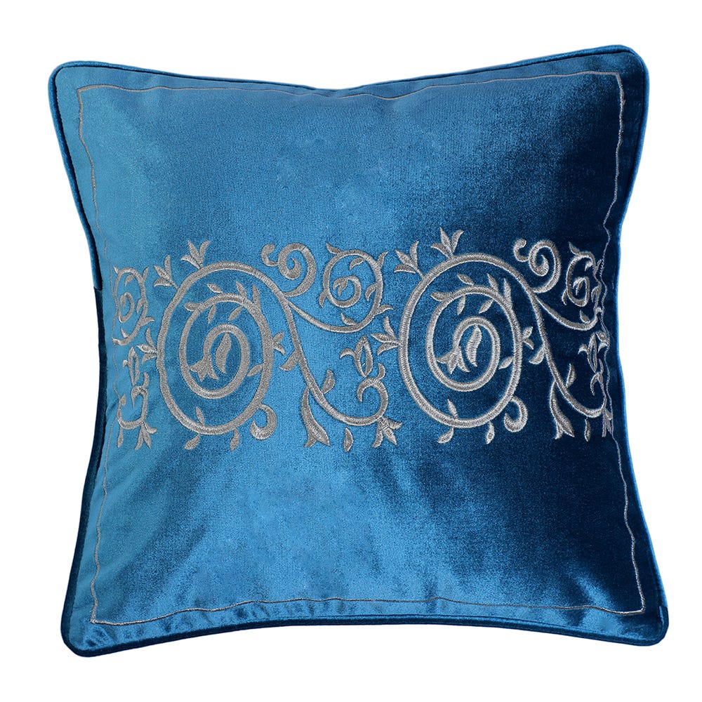 SS21 FANTASY EMBROIDERED FILLED CUSHION 45x 45CMS_TEAL HOL_423