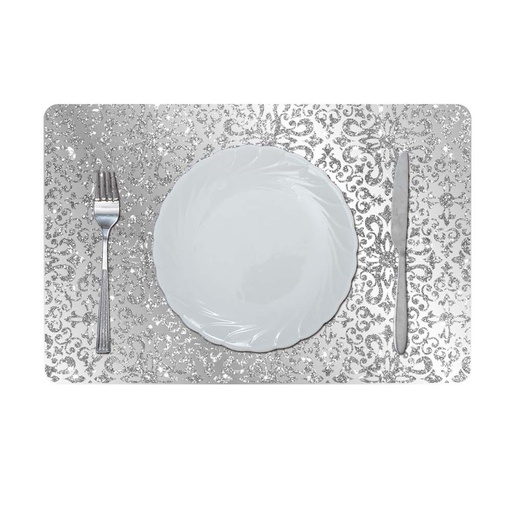 [HOM-Dan-01024] Glamour Glitter Metallic Mirror Look Printed Placemat Silver 43.5 x 28.5Cm Aec_29611A