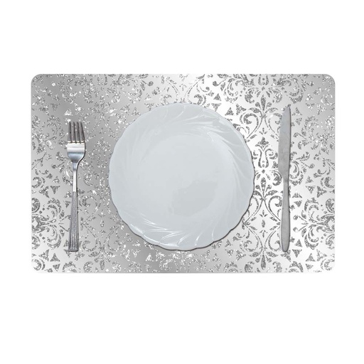 [HOM-Dan-01025] Glamour Glitter Metallic Mirror Look Printed Placemat Silver 43.5x28.5Cm Aec_29612A