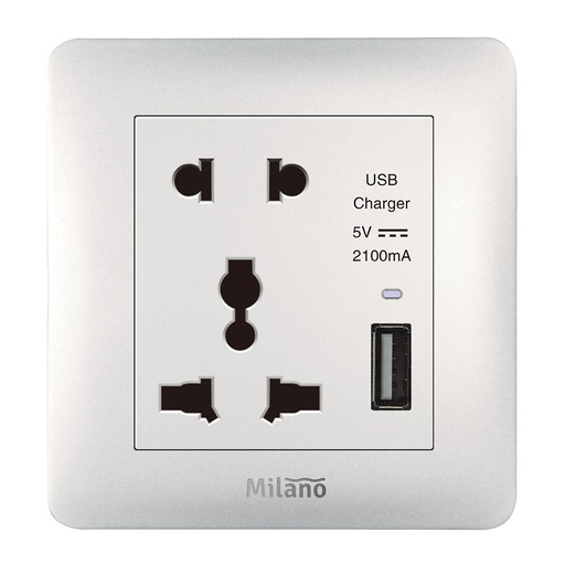 [ELE-Dan-01387] Milano 2 Pin and 3 Pin Universal Socket with 2_1A US