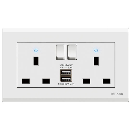 [ELE-Dan-02337] MILANO 13A SOCKET WITH NEON WITH USB MPW