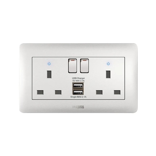 [ELE-Dan-02339] MILANO 13A TWIN SWITCHED SOCKET  NEON WITH USB WH