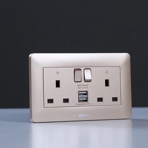 [ELE-Dan-02347] MILANO 13A TWIN SWITCHED SOCKET  NEON WITH USB GD