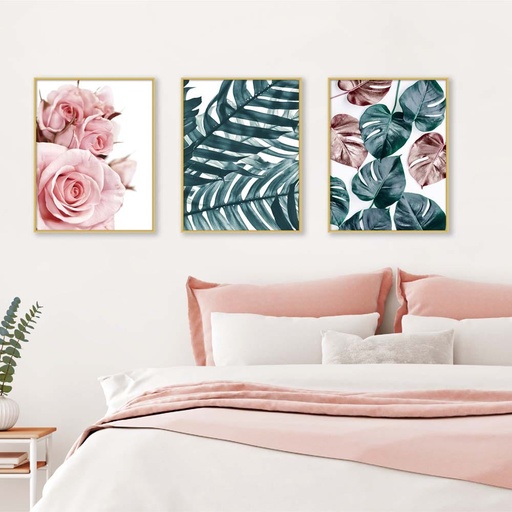 [HOM-Dan-00587] AW21 Gallery Pink Rose And Blue Leaf Sets_3 Framed Art