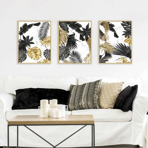 [HOM-Dan-00588] AW21 Gallery Gold And Black Leaf Sets_3 Framed Art