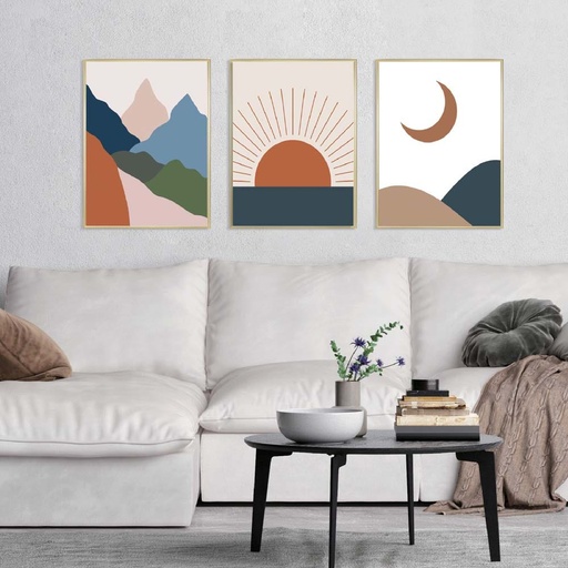 [HOM-Dan-00590] AW21 Gallery Abstract Sun, Moon And Mountain Set_3 Framed Art